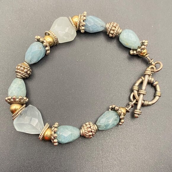 Sterling Silver & Vermeil Toggle Bracelet Blue Chalcedony Beads 6.5" 25.99g - Picture 2 of 12